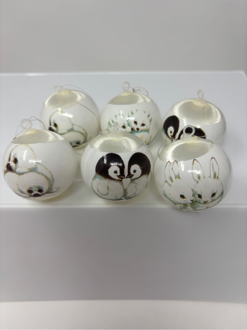 Vintage Set of 6 Satin Christmas Balls Decorations with Baby Arctic Animals